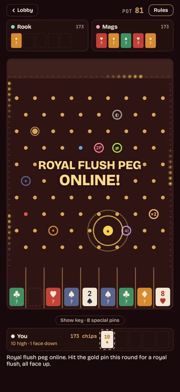 The board with ROYAL FLUSH PEG ONLINE across it in gold, the gold pin ringed near the centre and eight special pins live, telling you to hit it this round for a royal flush, all face up.